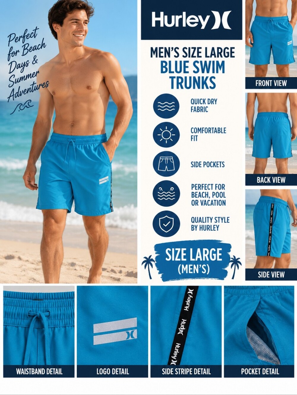 Hurley mens size large blue swim trunks #34